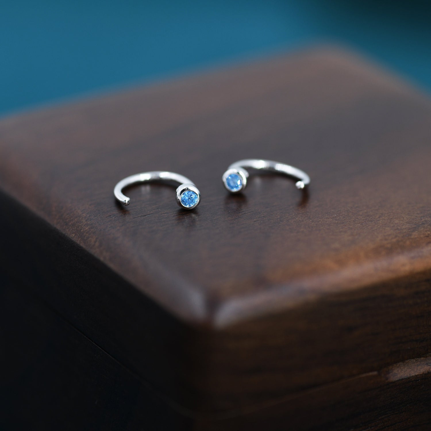 2mm Aquamarine Blue CZ Huggie Hoop Earrings in Sterling Silver, Half Hoop, Open Hoop, Pull Through, Dainty Earrings, March Birthstone