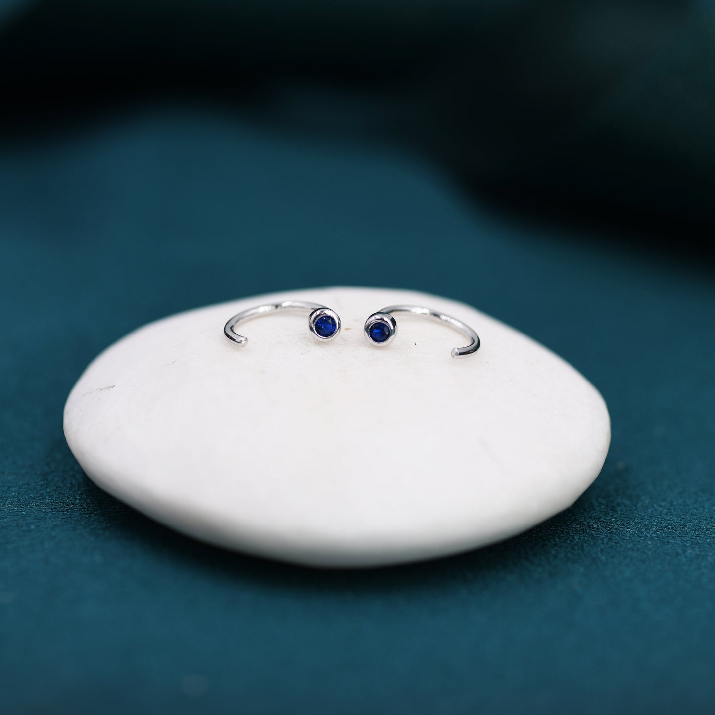 2mm Sapphire Blue CZ Huggie Hoop Earrings in Sterling Silver, Silver or Gold, Half Hoop, Open Hoop, Pull Through, September Birthstone