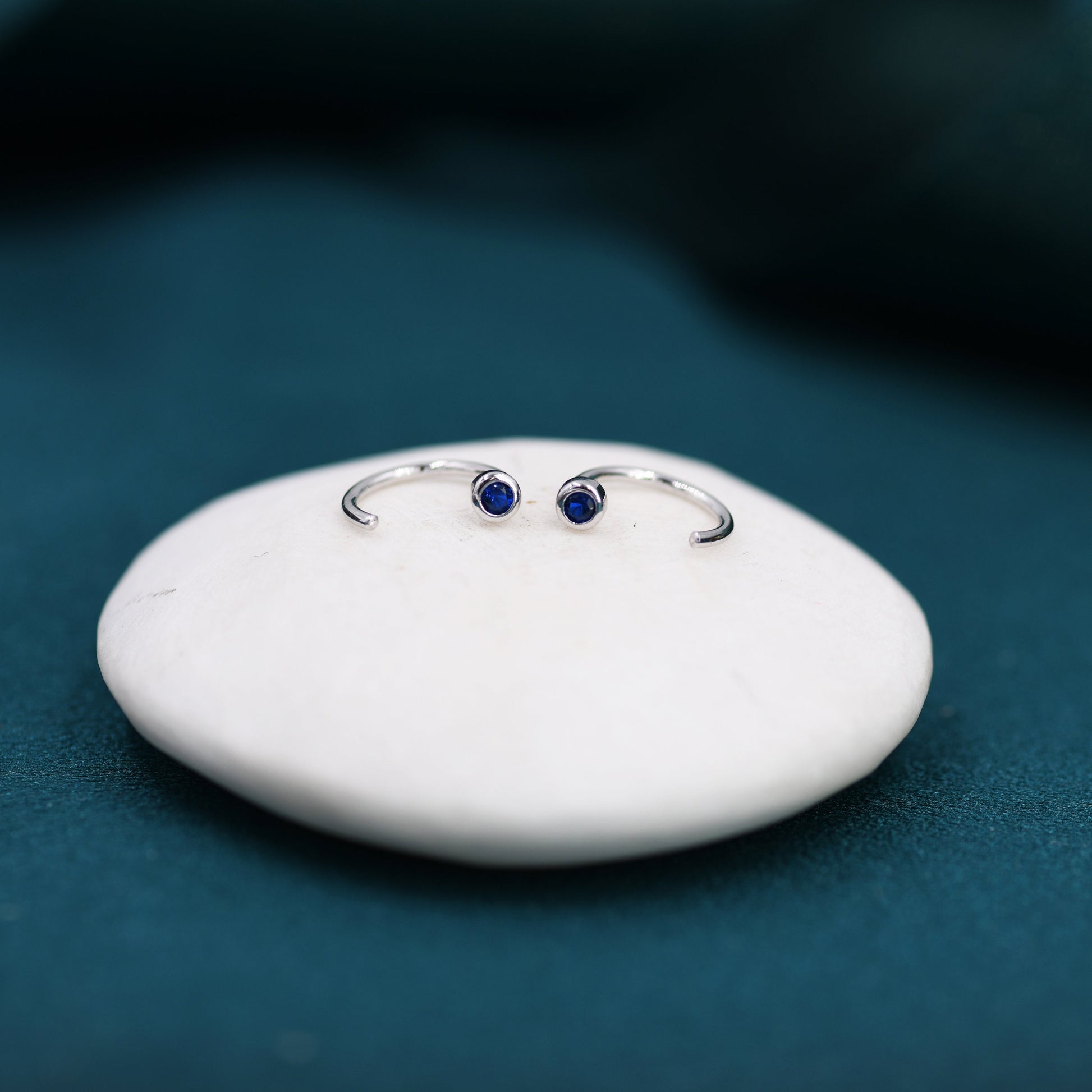 2mm Sapphire Blue CZ Huggie Hoop Earrings in Sterling Silver, Silver or Gold, Half Hoop, Open Hoop, Pull Through, September Birthstone