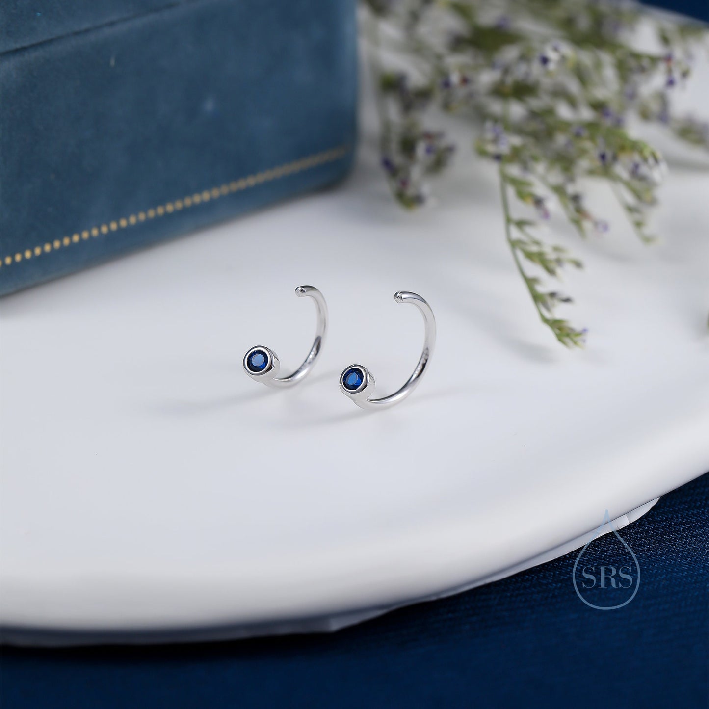 2mm Sapphire Blue CZ Huggie Hoop Earrings in Sterling Silver, Silver or Gold, Half Hoop, Open Hoop, Pull Through, September Birthstone