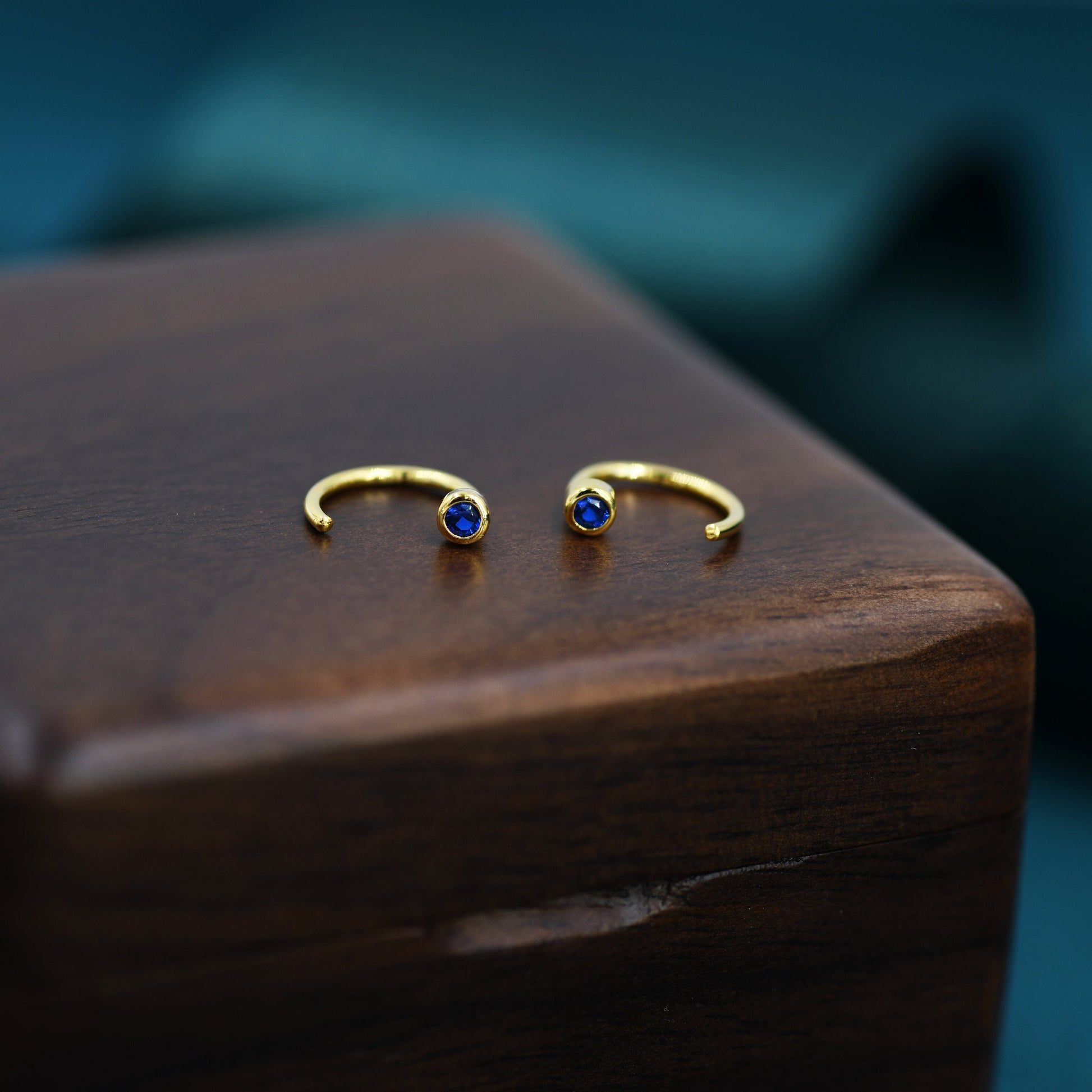 2mm Sapphire Blue CZ Huggie Hoop Earrings in Sterling Silver, Silver or Gold, Half Hoop, Open Hoop, Pull Through, September Birthstone