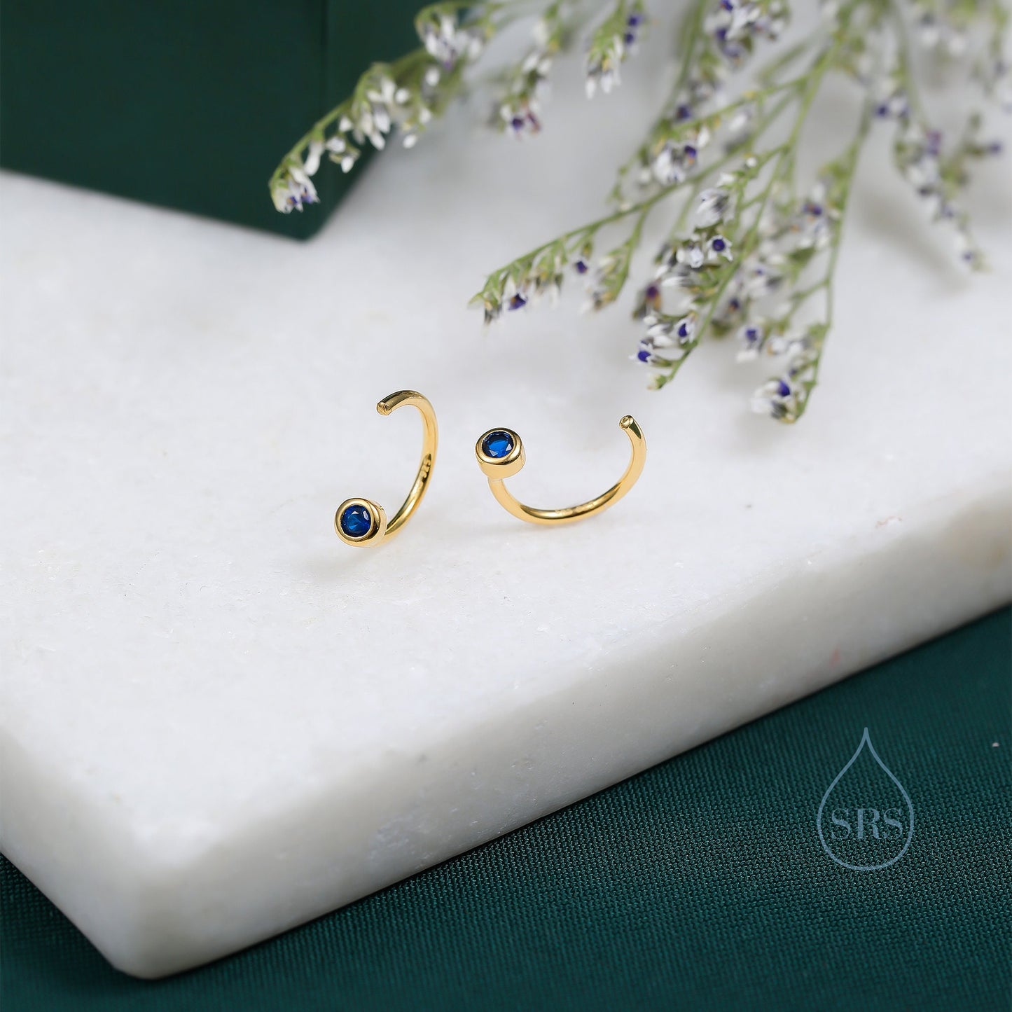 2mm Sapphire Blue CZ Huggie Hoop Earrings in Sterling Silver, Silver or Gold, Half Hoop, Open Hoop, Pull Through, September Birthstone