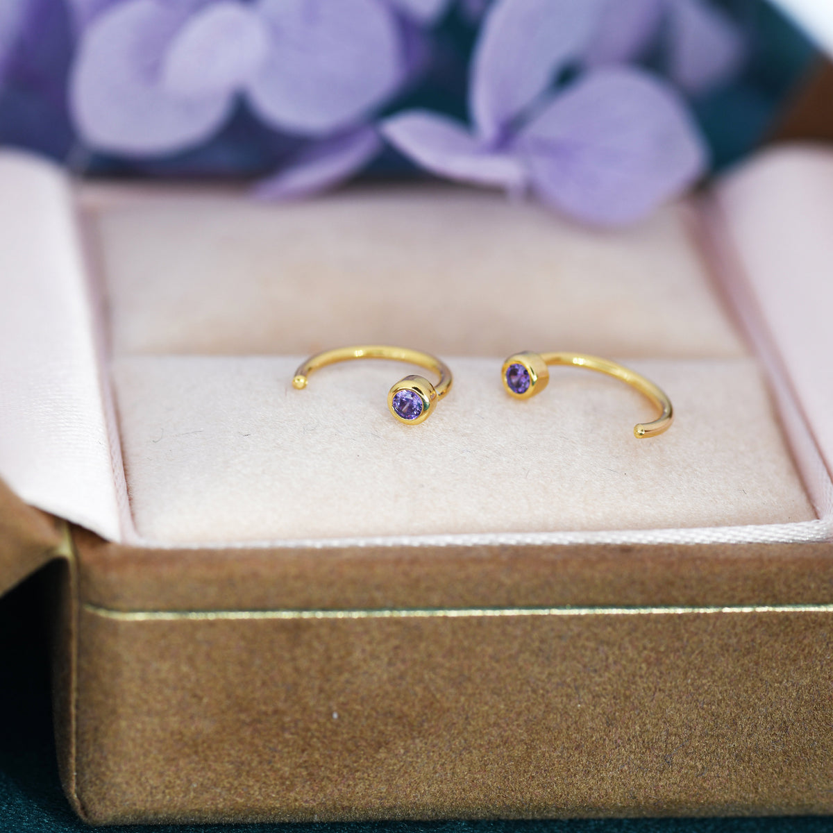 2mm Amethyst Purple CZ Huggie Hoop Earrings in Sterling Silver, Silver or Gold, Half Hoop, Open Hoop, Pull Through, February Birthstone