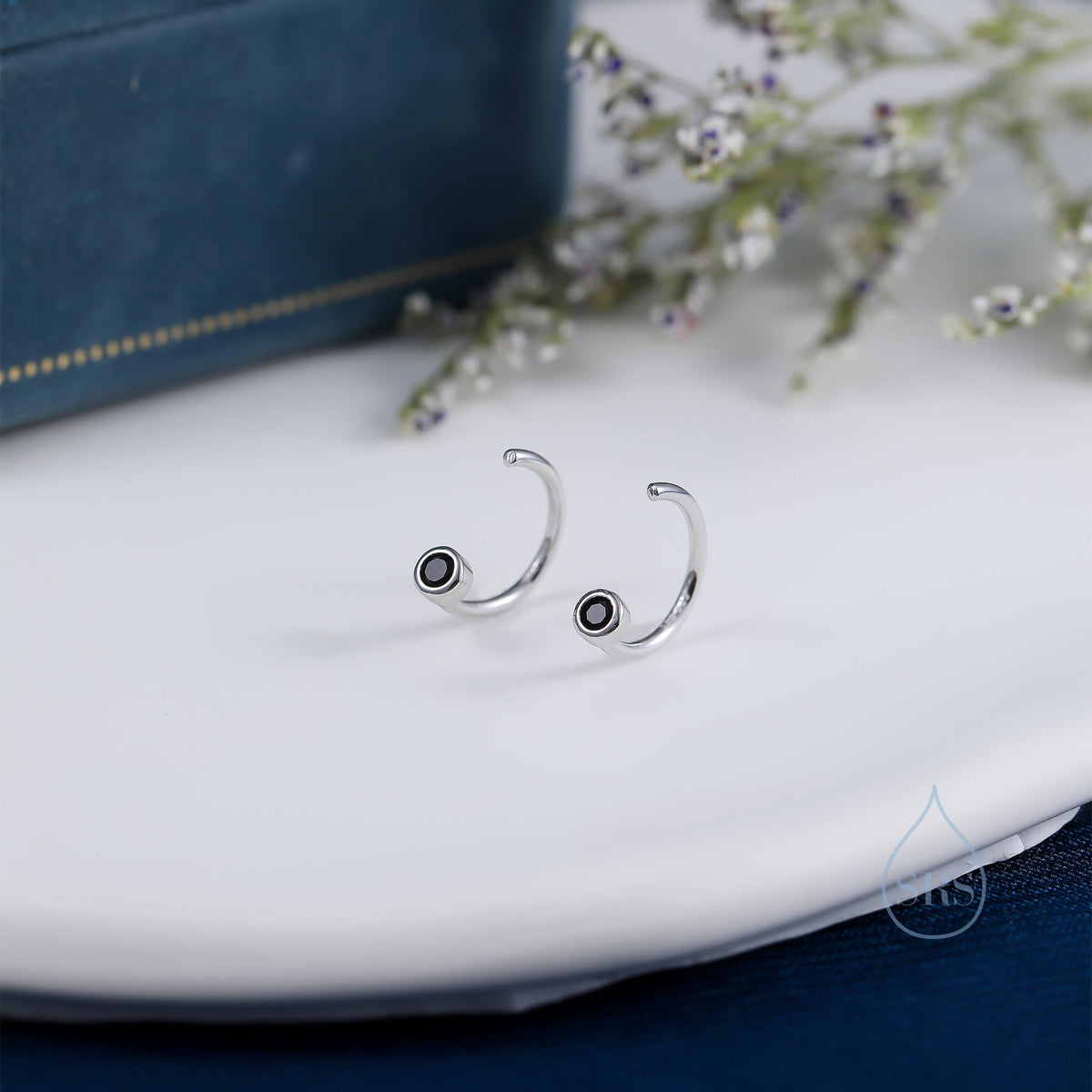 2mm Black Diamond CZ Huggie Hoop Earrings in Sterling Silver, Silver or Gold, Half Hoop, Open Hoop, Pull Through