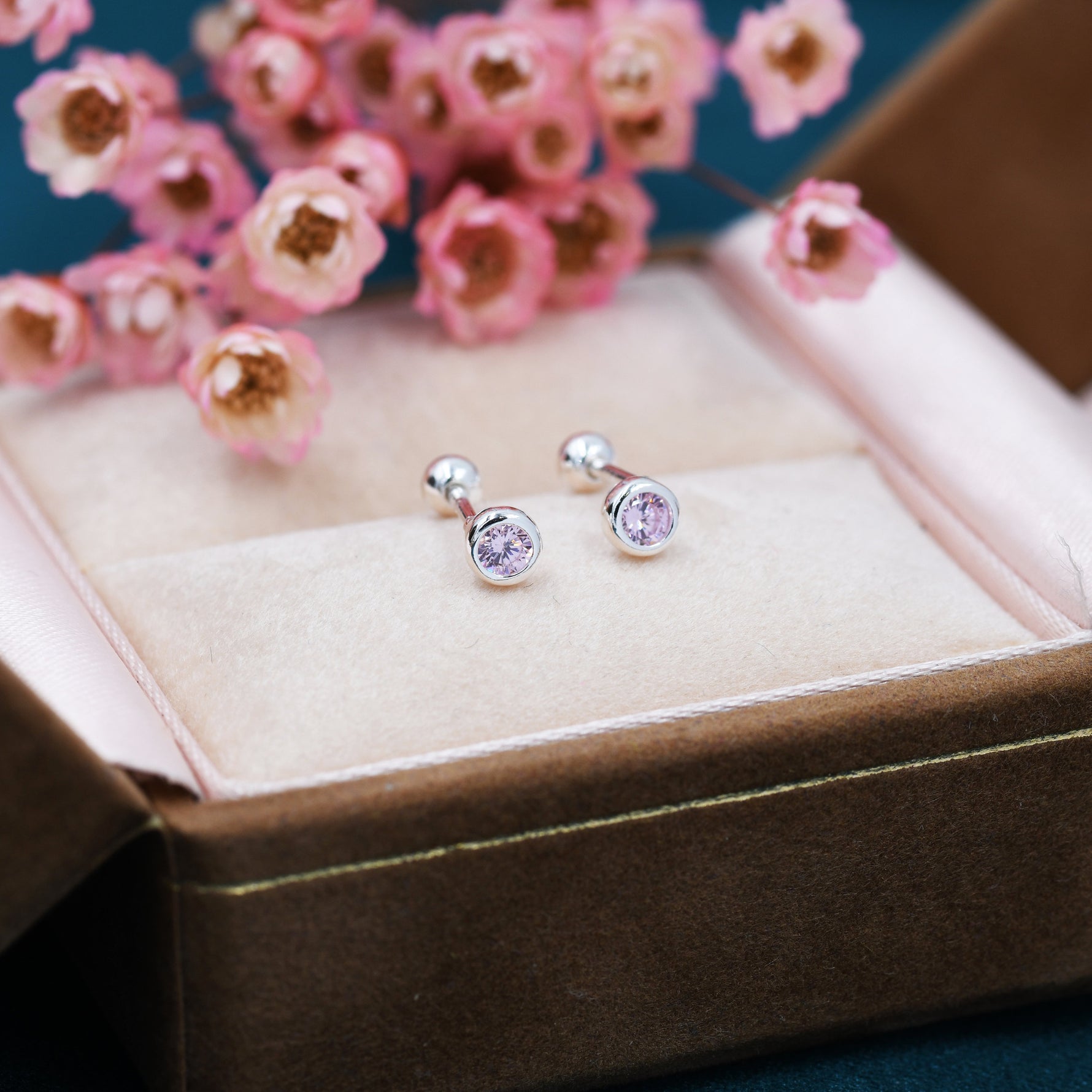 Tiny Pink CZ Barbell Earrings in Sterling Silver, 3mm or 4mm CZ Screw Back Dot Earrings, Screwback Earrings, October Birthstone