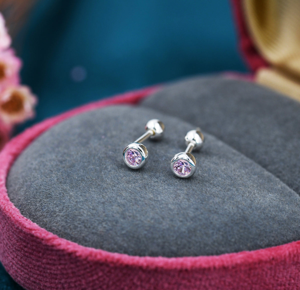 Tiny Pink CZ Barbell Earrings in Sterling Silver, 3mm or 4mm CZ Screw Back Dot Earrings, Screwback Earrings, October Birthstone