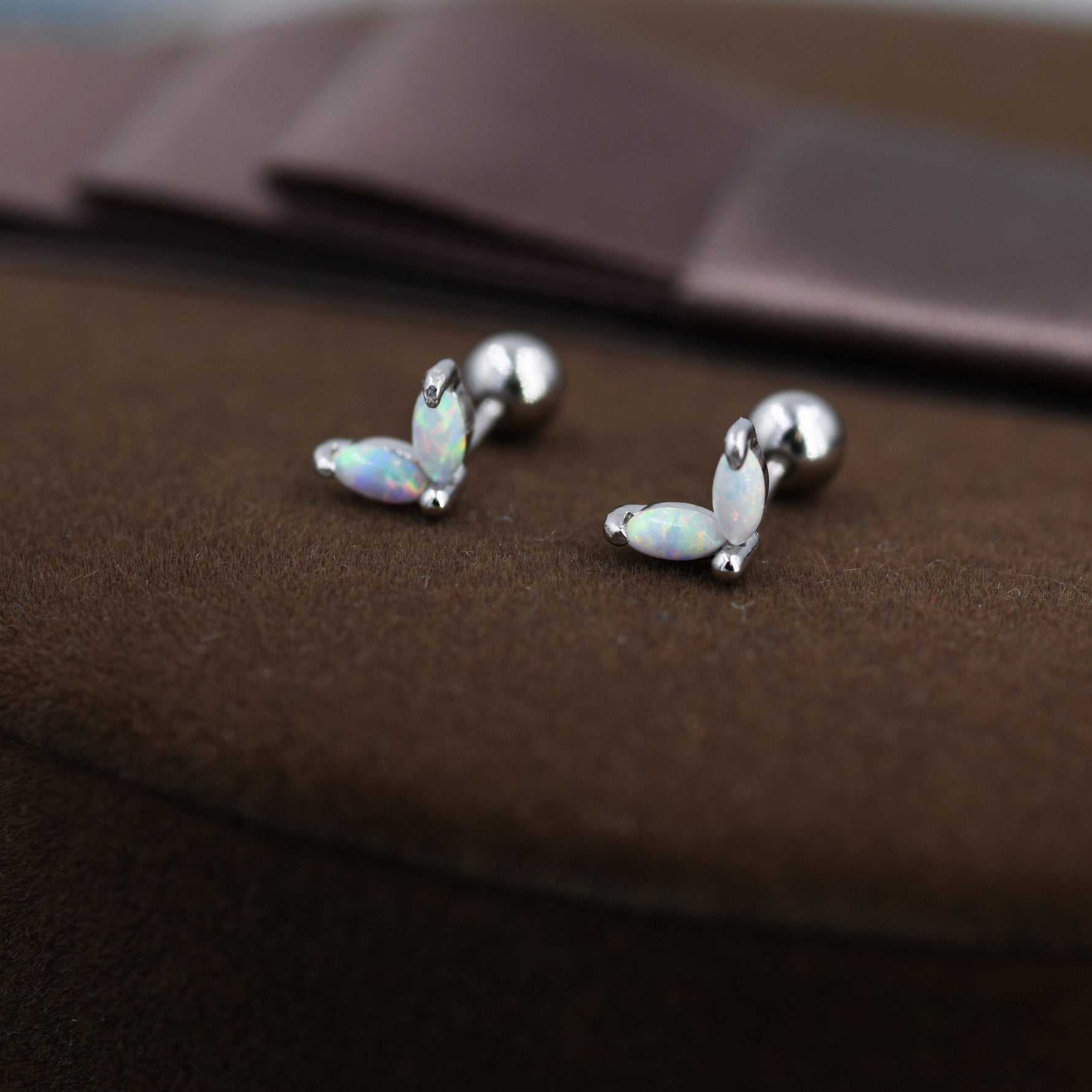Sterling Silver White Opal Marquise Cluster 18G Screw Back Earrings