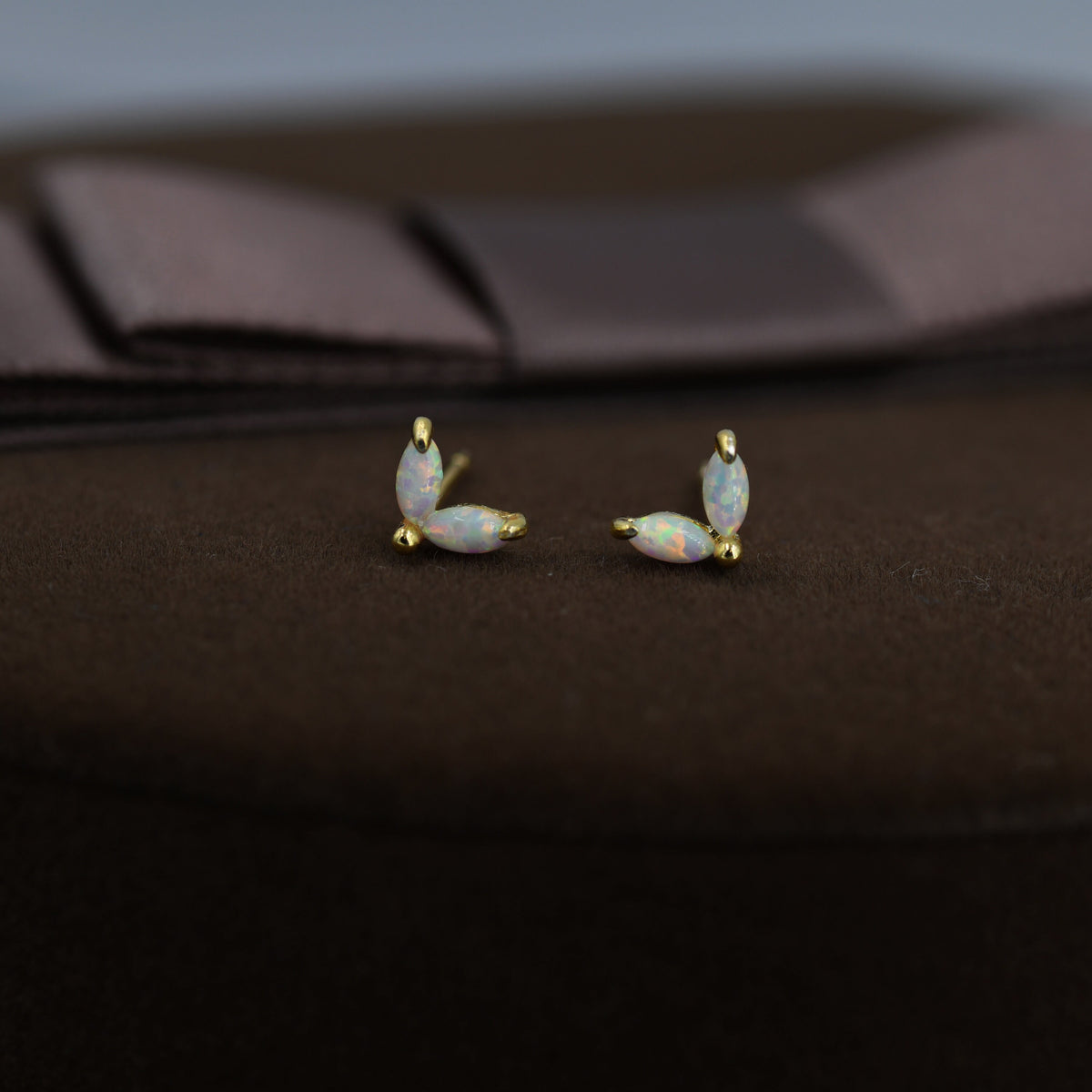 Sterling Silver White Opal Marquise Leaf 16G Internally Threaded Flat Back Earrings