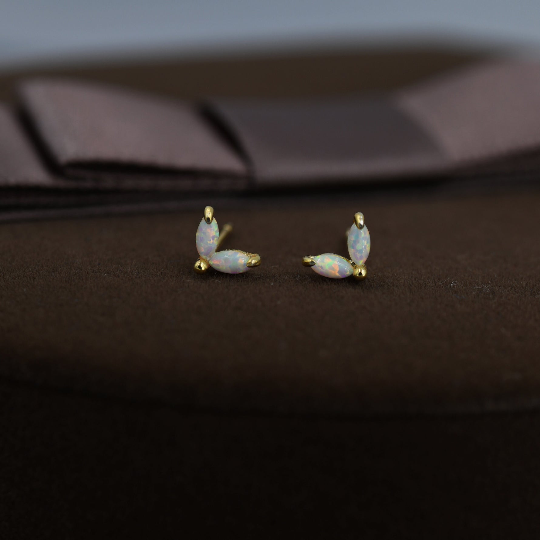 Sterling Silver White Opal Marquise Leaf 16G Internally Threaded Flat Back Earrings