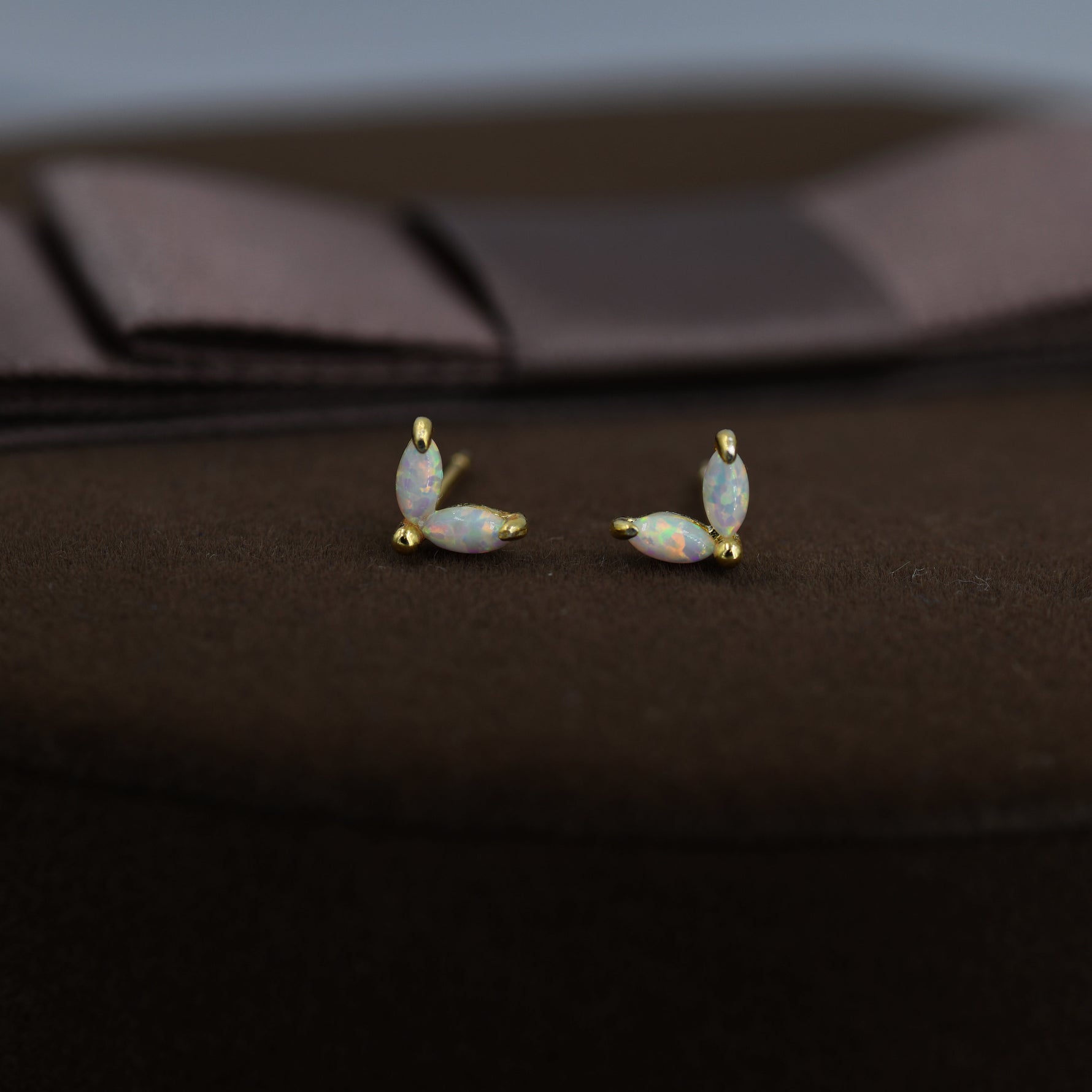 Sterling Silver White Opal Marquise Leaf Internally Threaded Flat Back/Screw Back/ Stud Earrings, Marquise Fan Stud, Opal Crown Stud