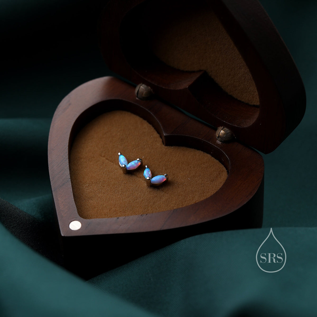 Sterling Silver Blue Opal Marquise Leaf Internally Threaded Flat Back/Screw Back/ Stud Earrings, Marquise Fan Stud, Opal Crown Stud