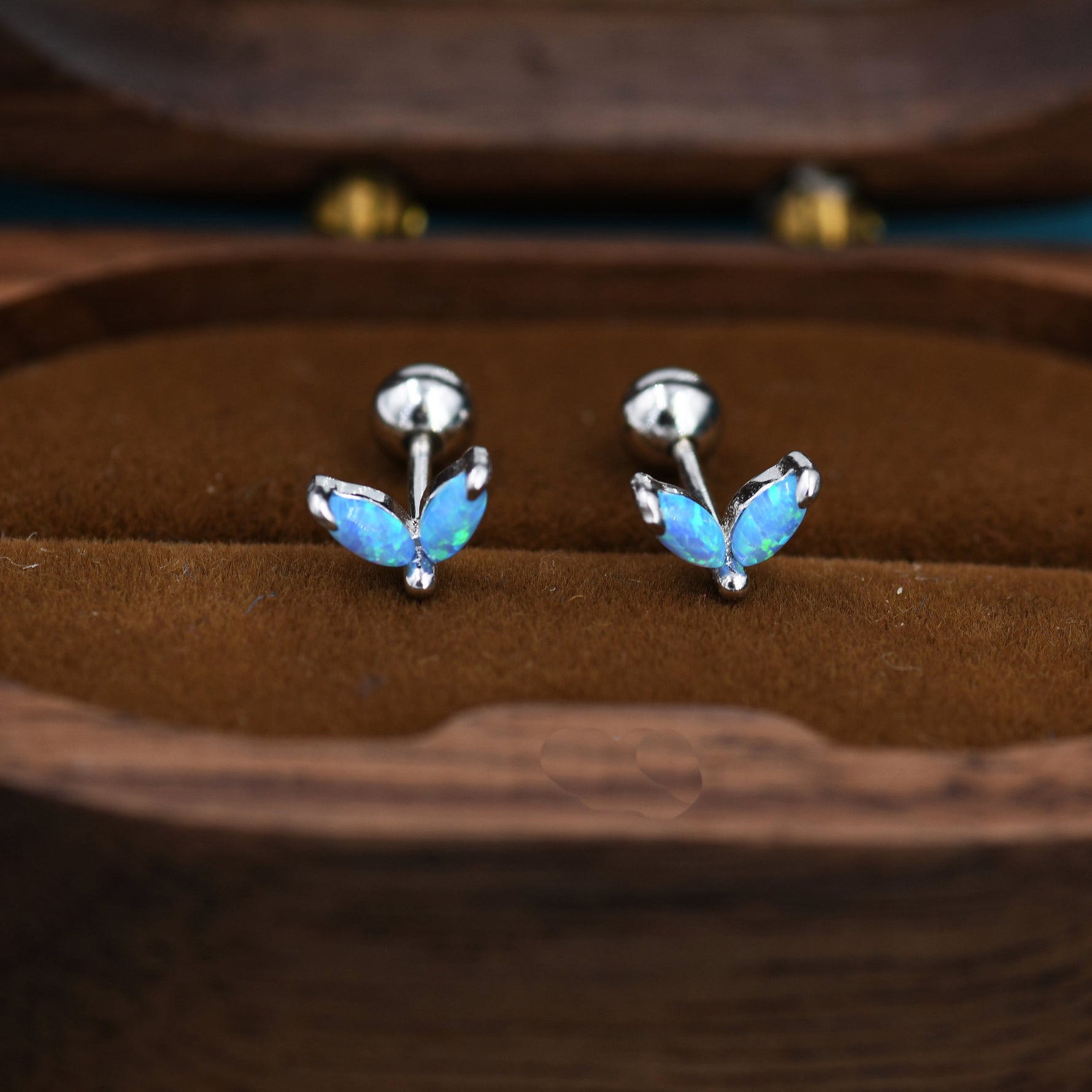 Sterling Silver Blue Opal Marquise Cluster 16G Internally Threaded Flat Back Earrings