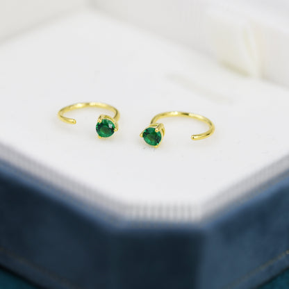 Emerald Green CZ Crystal Huggie Hoop Threader Earrings in Sterling Silver, 3mm Three Prong, Gold or Silver, Pull Through Open Hoops