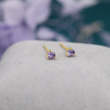 Amethyst Purple Crystal Stud Earrings in Sterling Silver, 3mm Three Prong, Gold or Silver, Tiny Stud