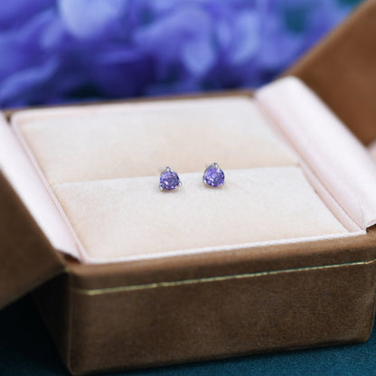 Amethyst Purple Crystal Stud Earrings in Sterling Silver, 3mm Three Prong, Gold or Silver, Tiny Stud