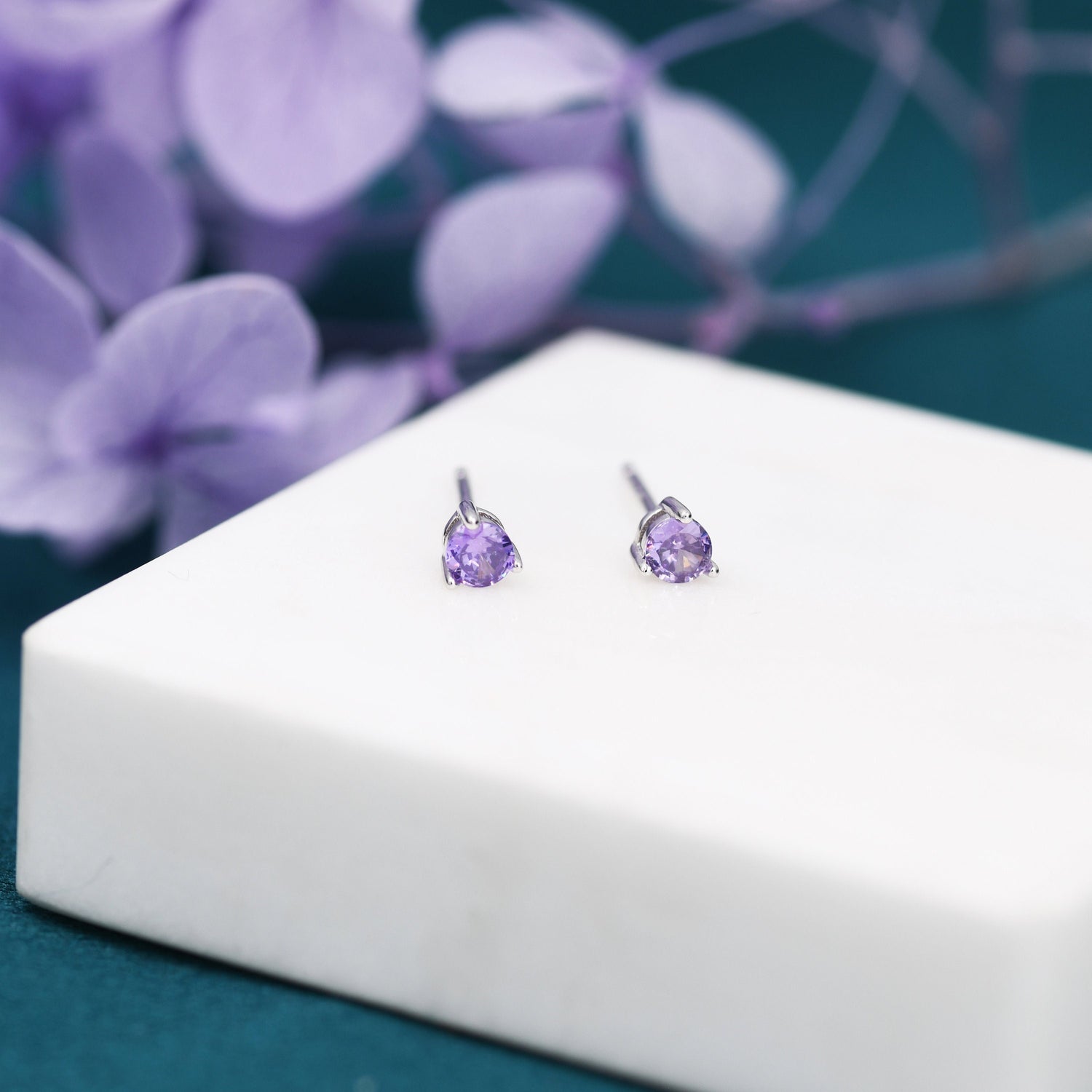 Amethyst Purple CZ Crystal Stud Earrings in Sterling Silver, 3mm Three Prong, Gold or Silver, Tiny Stud