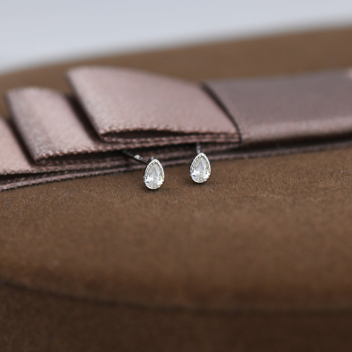 Tiny Droplet CZ Stud Earrings in Sterling Silver, Pear Cut CZ Stud Extra Tiny, Stacking Earrings, Dotted Bezel Vintage Inspired Design