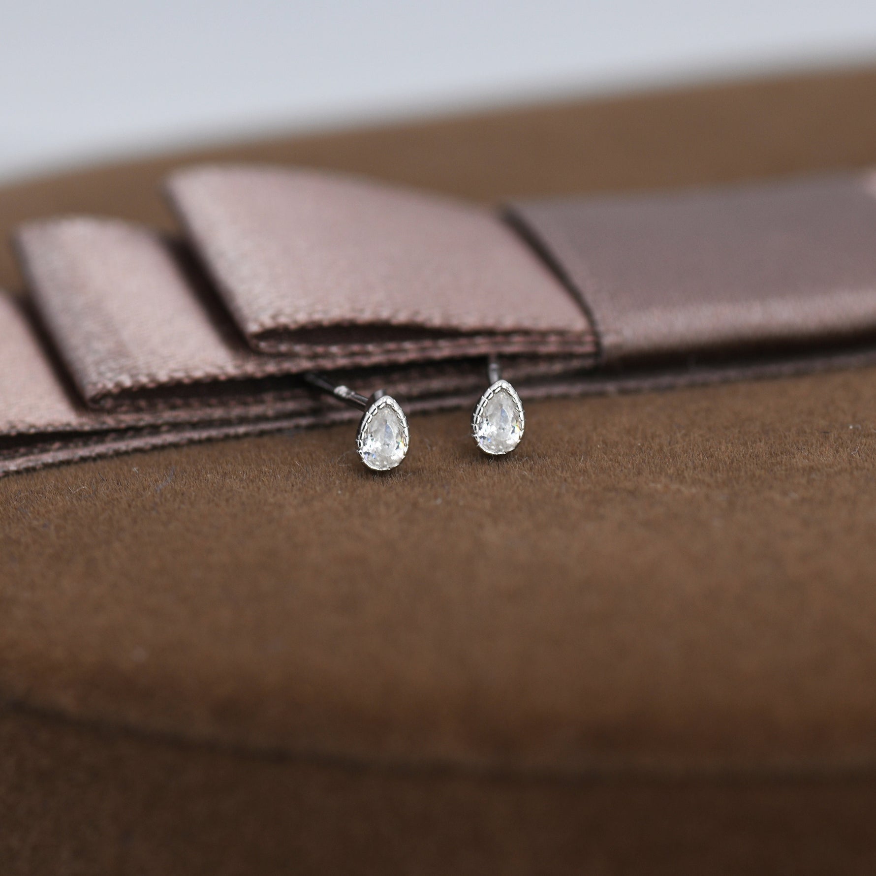 Tiny Droplet CZ Stud Earrings in Sterling Silver, Pear Cut CZ Stud Extra Tiny, Stacking Earrings, Dotted Bezel Vintage Inspired Design