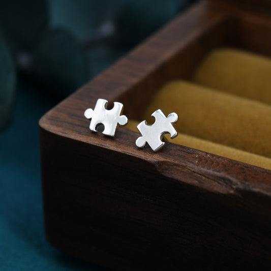 Small Jigsaw Stud Earrings in Sterling Silver, Silver Jigsaw Piece Earrings