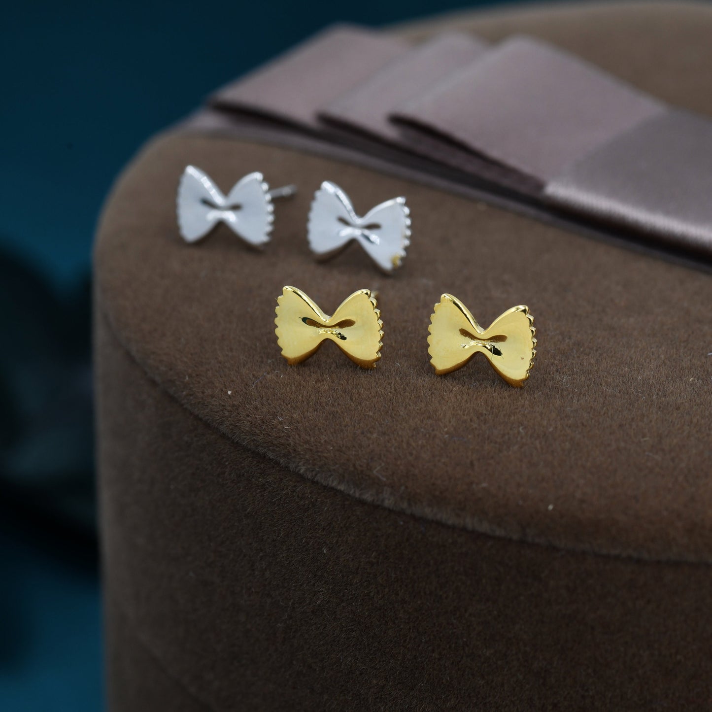 Farfalle Pasta Shape Stud Earrings in Sterling Silver, Ribbon Bow Earrings, Playful and Quirky Food Jewellery, Silver or Gold