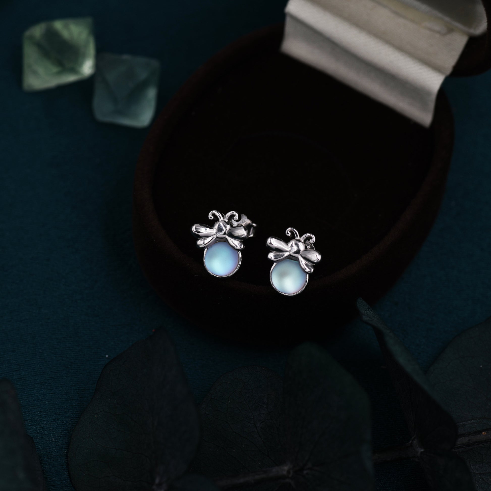 Firefly Stud Earrings in Sterling Silver with Frosted Moonstone - Cute, Fun, Whimsical and Pretty Jewellery