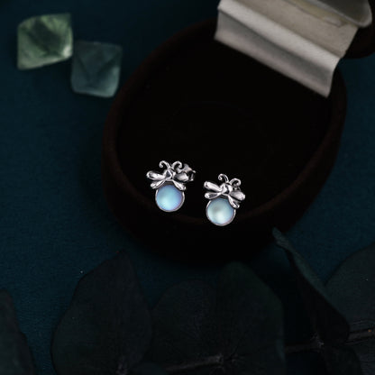 Firefly Stud Earrings in Sterling Silver with Frosted Moonstone - Cute, Fun, Whimsical and Pretty Jewellery