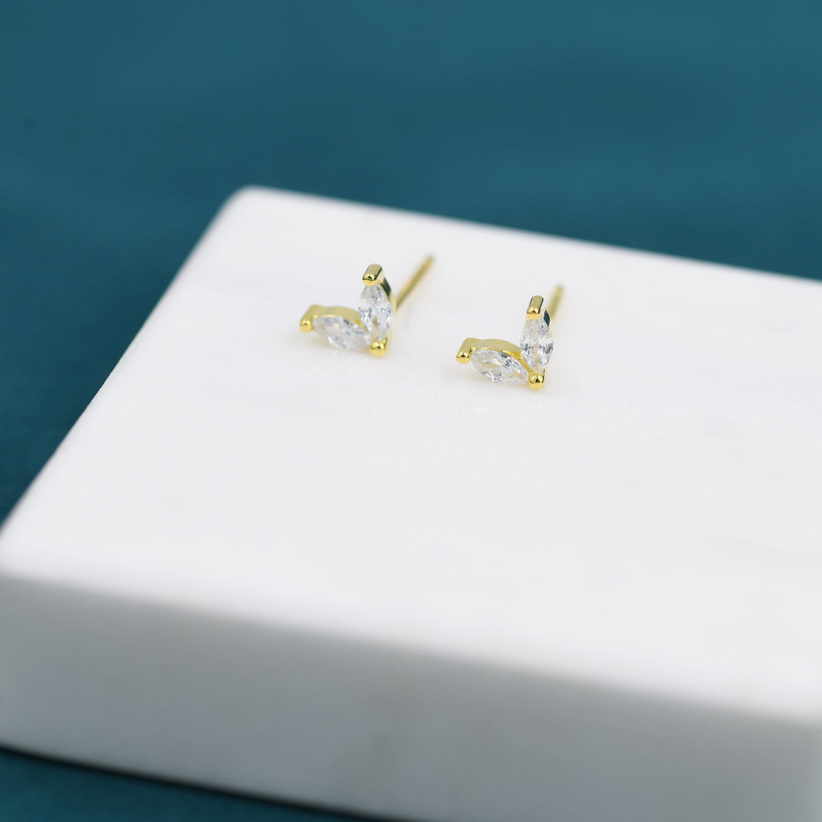 Sterling Silver CZ Marquise Leaf Duo Stud Earrings, Gold or Silver, Marquise Fan Stud, CZ Crown Stud, Two Marquise Stud