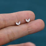 Sterling Silver CZ Marquise Leaf Duo Stud Earrings, Gold or Silver, Marquise Fan Stud, CZ Crown Stud, Two Marquise Stud