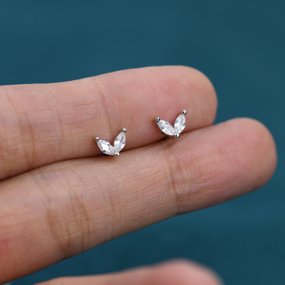 Sterling Silver CZ Marquise Leaf Duo Stud Earrings, Gold or Silver, Marquise Fan Stud, CZ Crown Stud, Two Marquise Stud