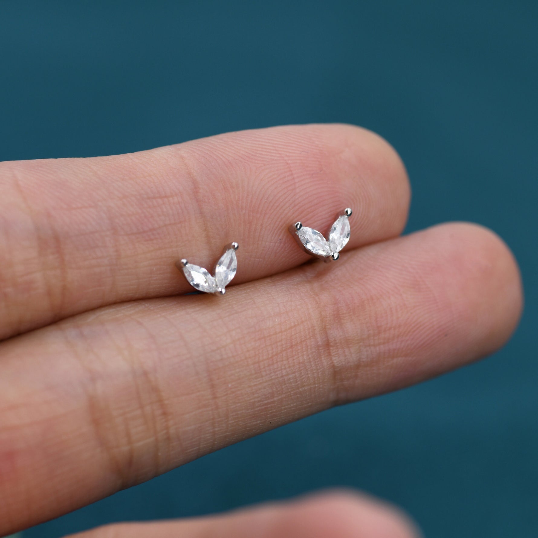 Sterling Silver CZ Marquise Leaf Duo Stud Earrings, Gold or Silver, Marquise Fan Stud, CZ Crown Stud, Two Marquise Stud