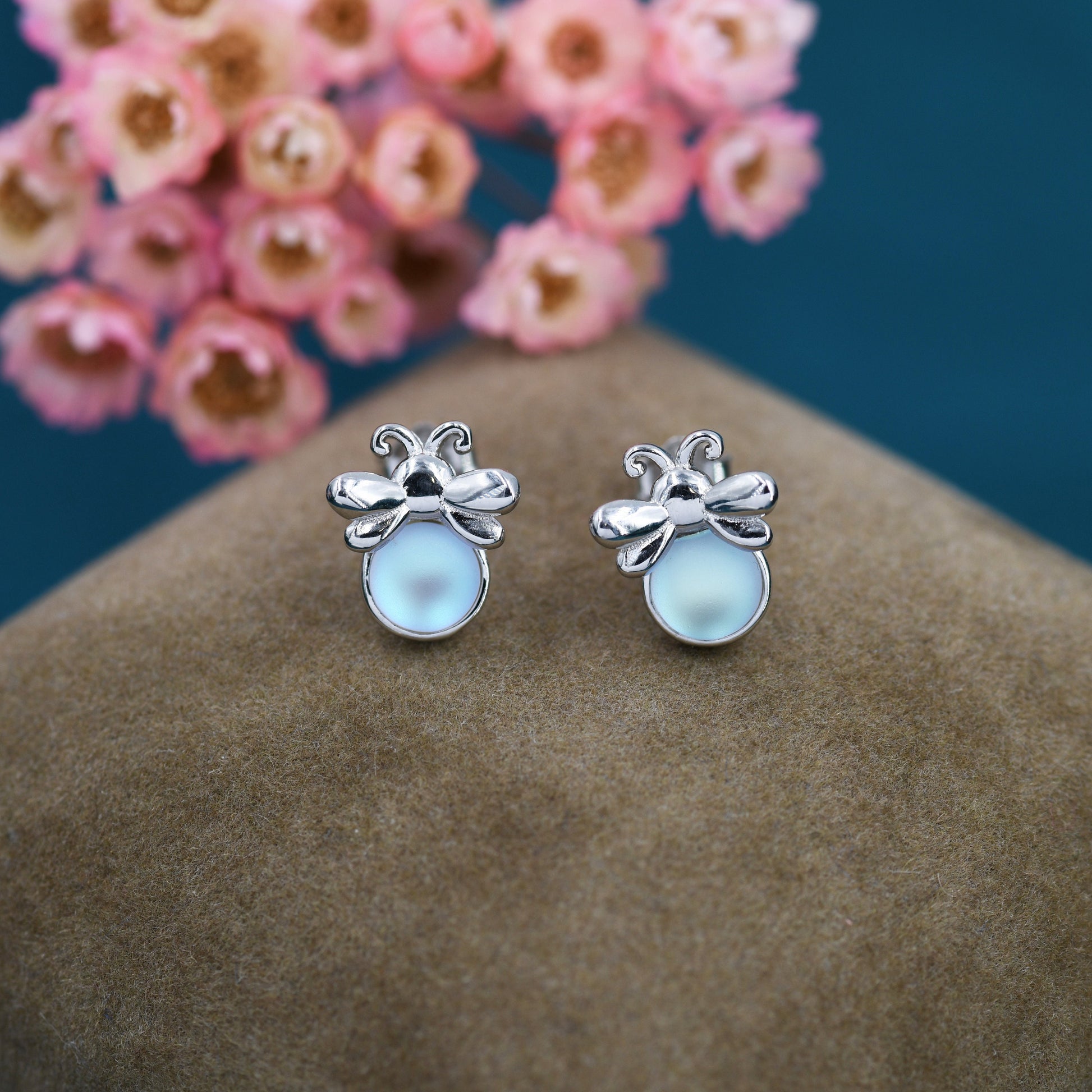 Firefly Stud Earrings in Sterling Silver with Frosted Moonstone - Cute, Fun, Whimsical and Pretty Jewellery