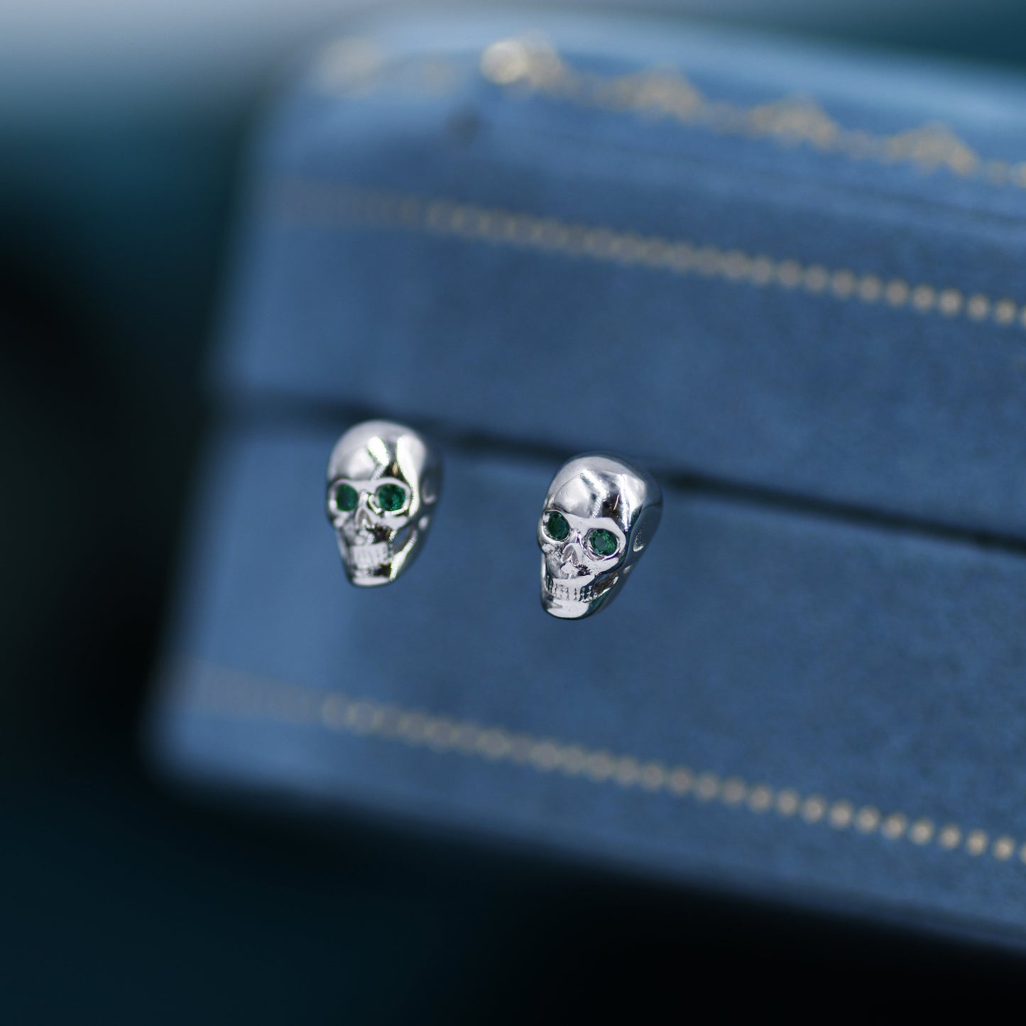 Extra Tiny Skull Stud/Screw Back/Flat Back Earrings in Sterling Silver with Emerald Green CZ - Gold or Silver, Petite Skull Earrings