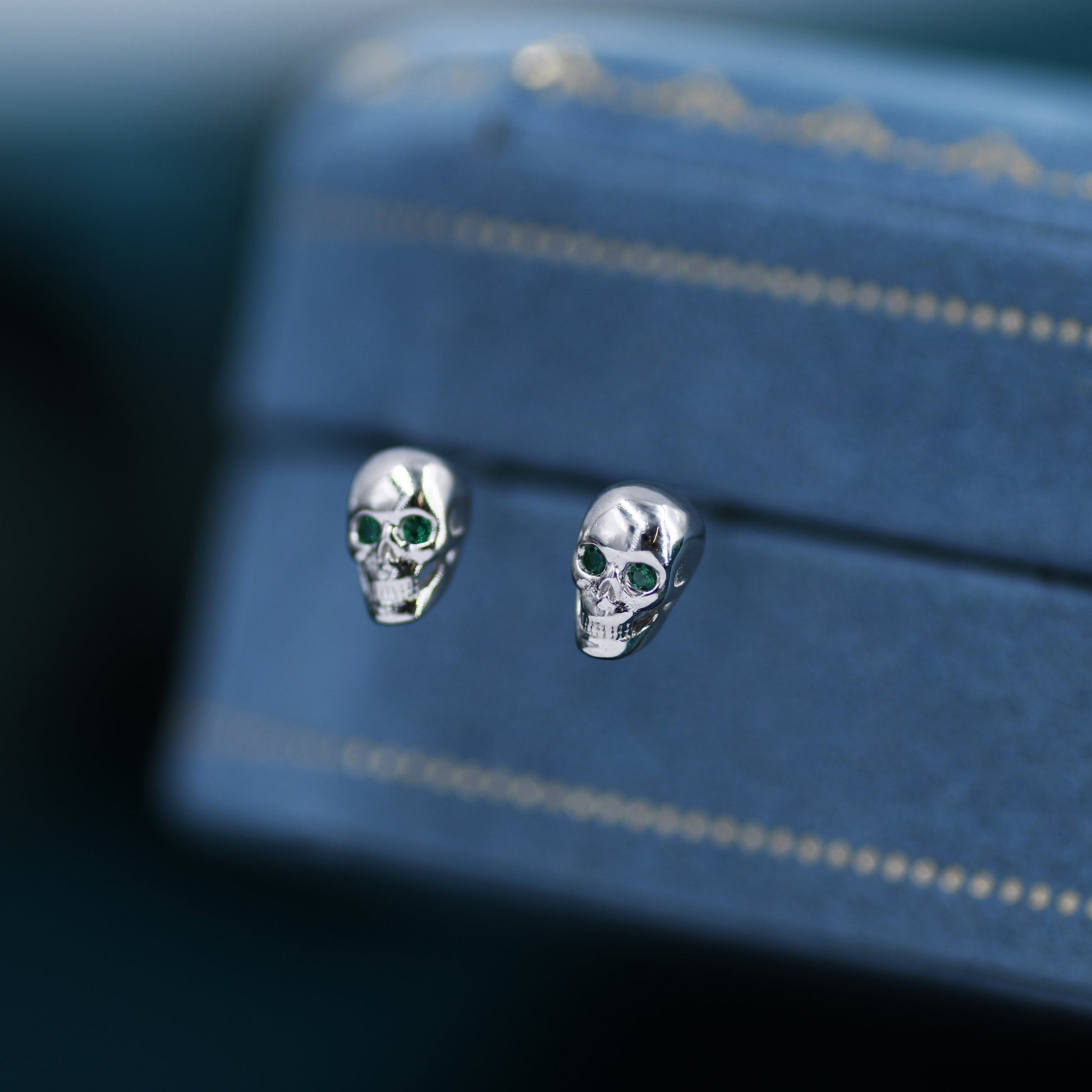 Extra Tiny Skull Stud/Screw Back/Flat Back Earrings in Sterling Silver with Emerald Green CZ - Gold or Silver, Petite Skull Earrings