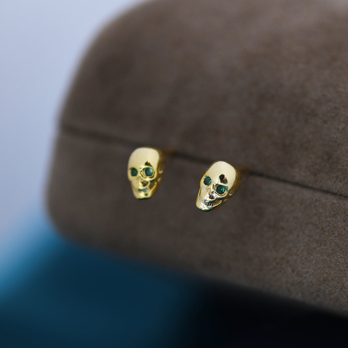 Extra Tiny Skull Stud/Screw Back/Flat Back Earrings in Sterling Silver with Emerald Green CZ - Gold or Silver, Petite Skull Earrings