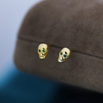 Extra Tiny Skull Stud/Screw Back/Flat Back Earrings in Sterling Silver with Emerald Green CZ - Gold or Silver, Petite Skull Earrings