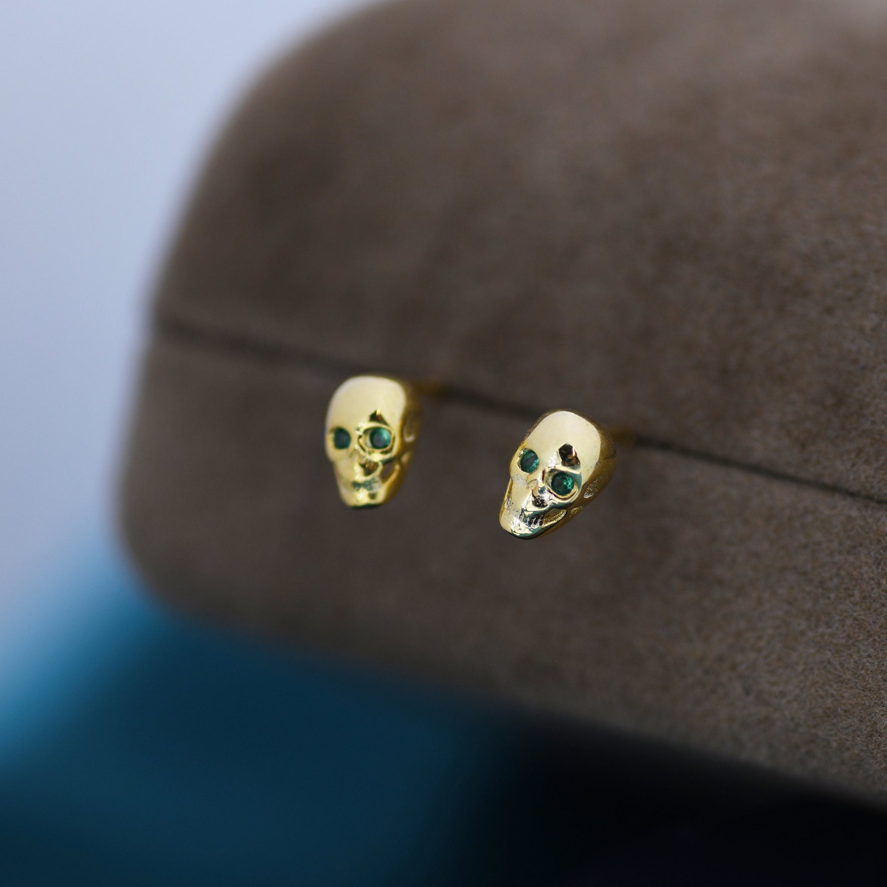 Extra Tiny Skull Stud/Screw Back/Flat Back Earrings in Sterling Silver with Emerald Green CZ - Gold or Silver, Petite Skull Earrings