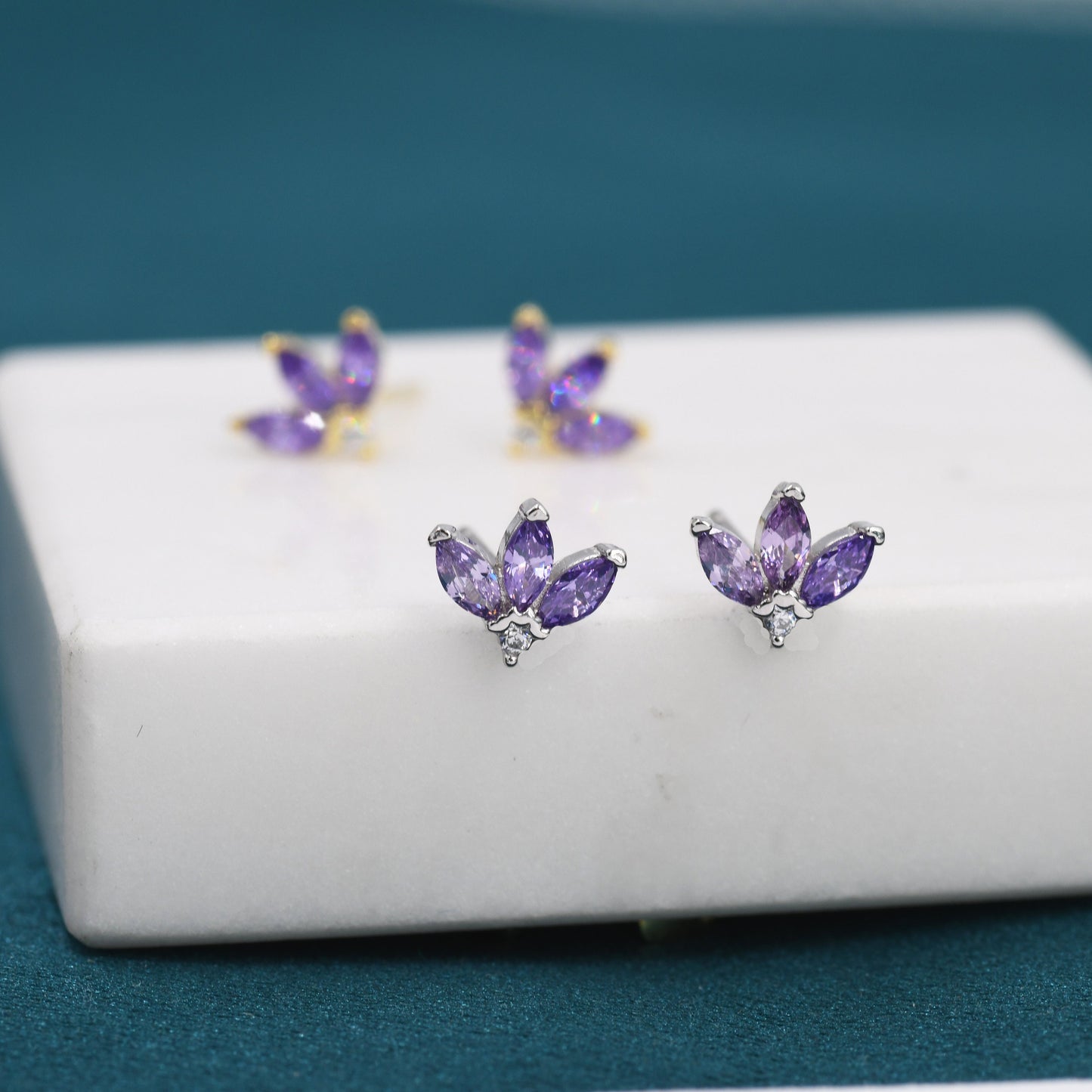 Sterling Silver Amethyst Purple CZ Marquise Cluster Stud Earrings, Gold or Silver, Marquise Fan Stud, CZ Crown Stud, Three Marquise Stud