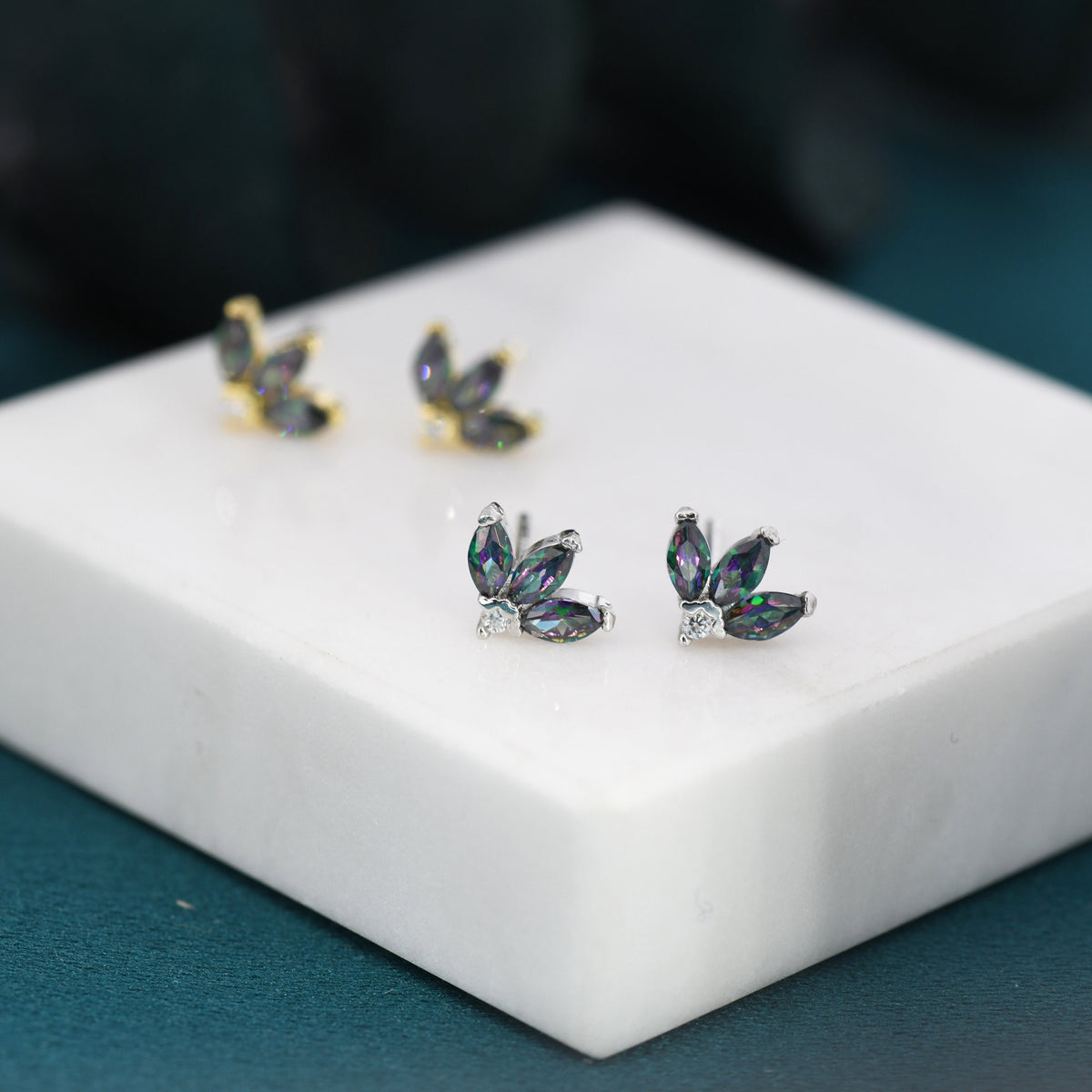 Sterling Silver Mystic Topaz CZ Marquise Cluster Stud Earrings, Gold or Silver, Marquise Fan Stud, CZ Crown Stud, Three Marquise Stud