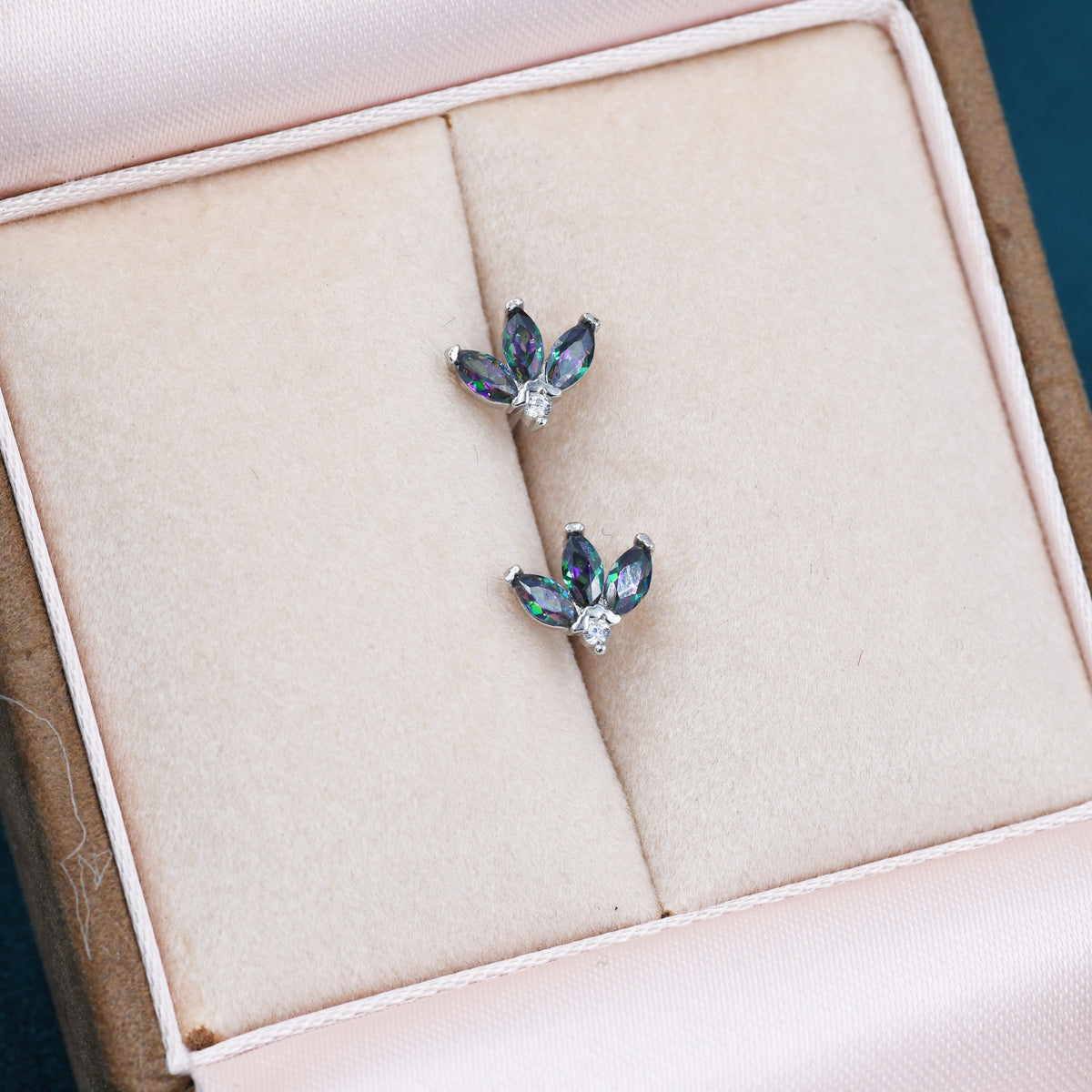 Sterling Silver Mystic Topaz CZ Marquise Cluster Stud Earrings, Gold or Silver, Marquise Fan Stud, CZ Crown Stud, Three Marquise Stud