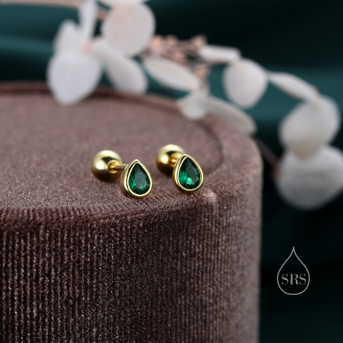 Extra Tiny CZ Droplet 18G Screw Back Earrings in Sterling Silver, Green, Blue, Clear or Purple CZ
