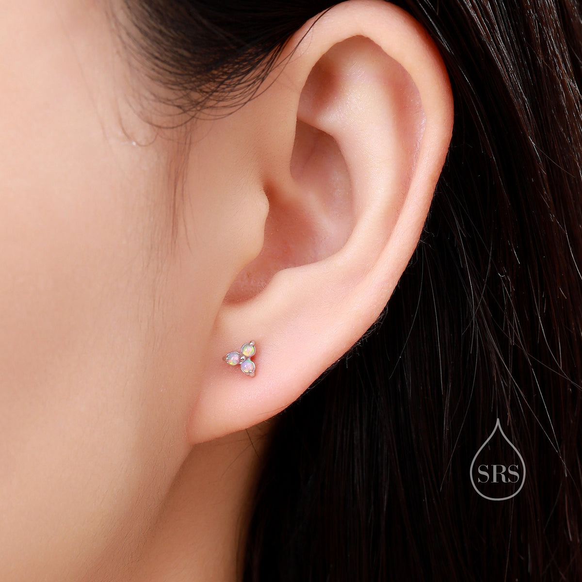 Extra Tiny Opal Trio Stud Earrings in Sterling Silver, Silver or Gold, Three Opal Trinity Stud, Opal trefoil Earrings
