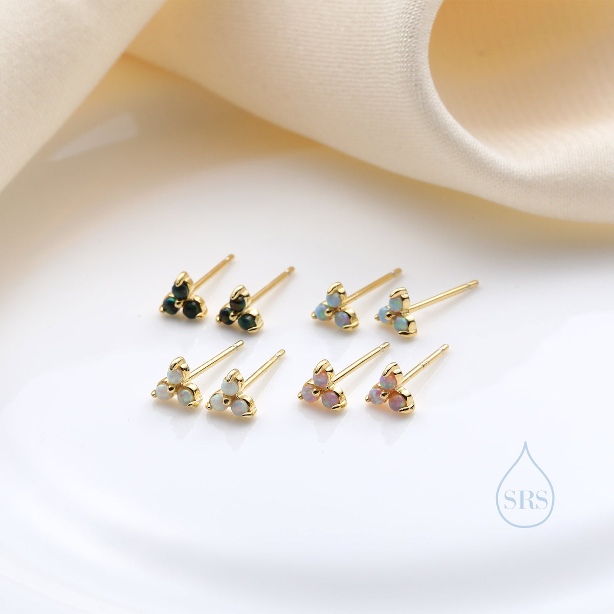 Extra Tiny Opal Trio Stud Earrings in Sterling Silver, Silver or Gold, Three Opal Trinity Stud, Opal trefoil Earrings