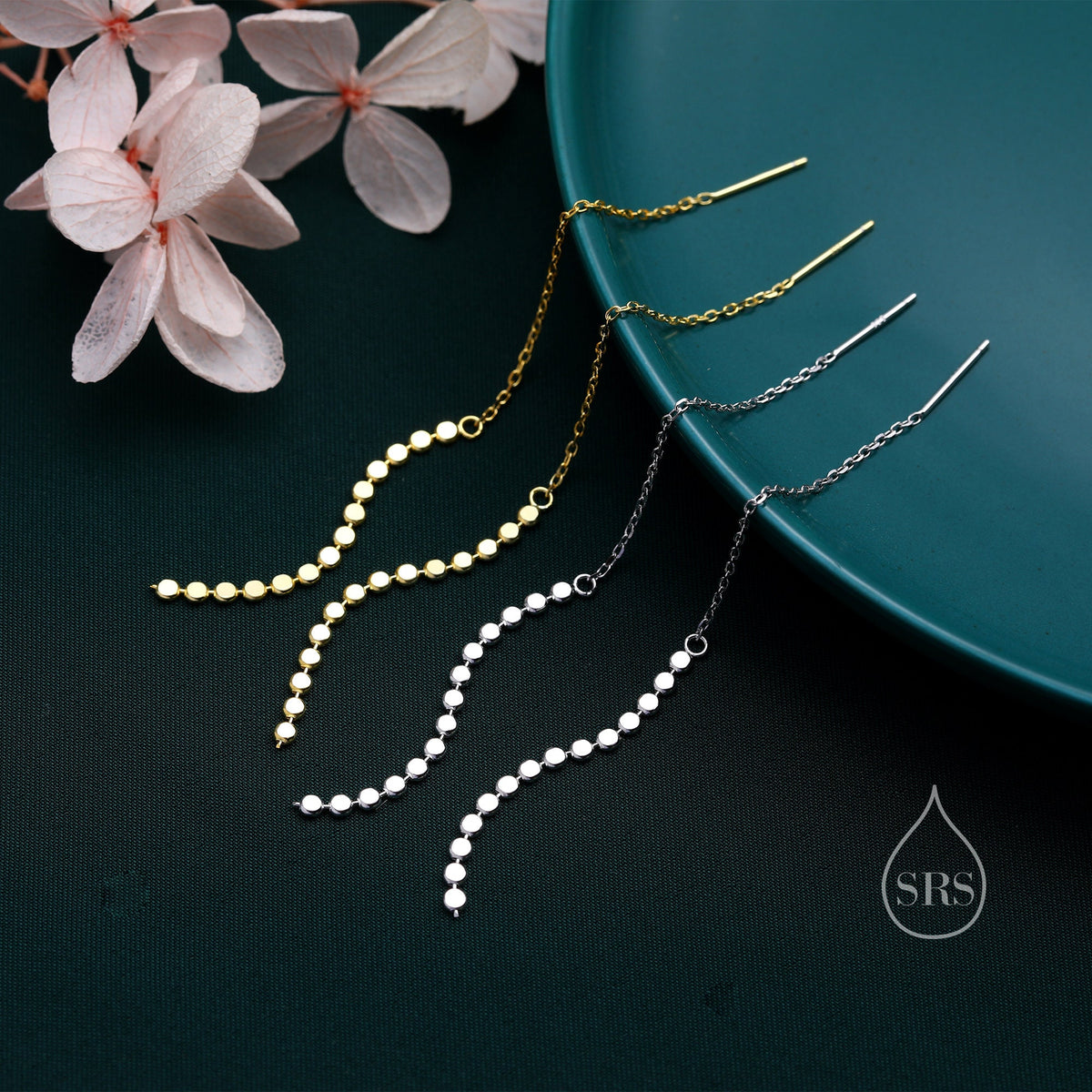 Disk Chain Threader Earrings in Sterling Silver, Silver or Gold, Sparkle Chain Long Ear Threaders, Long Threaders