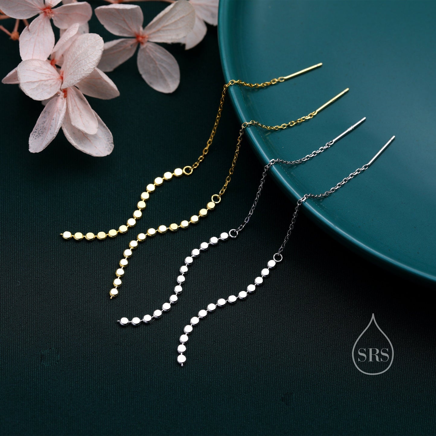 Disk Chain Threader Earrings in Sterling Silver, Silver or Gold, Sparkle Chain Long Ear Threaders, Long Threaders