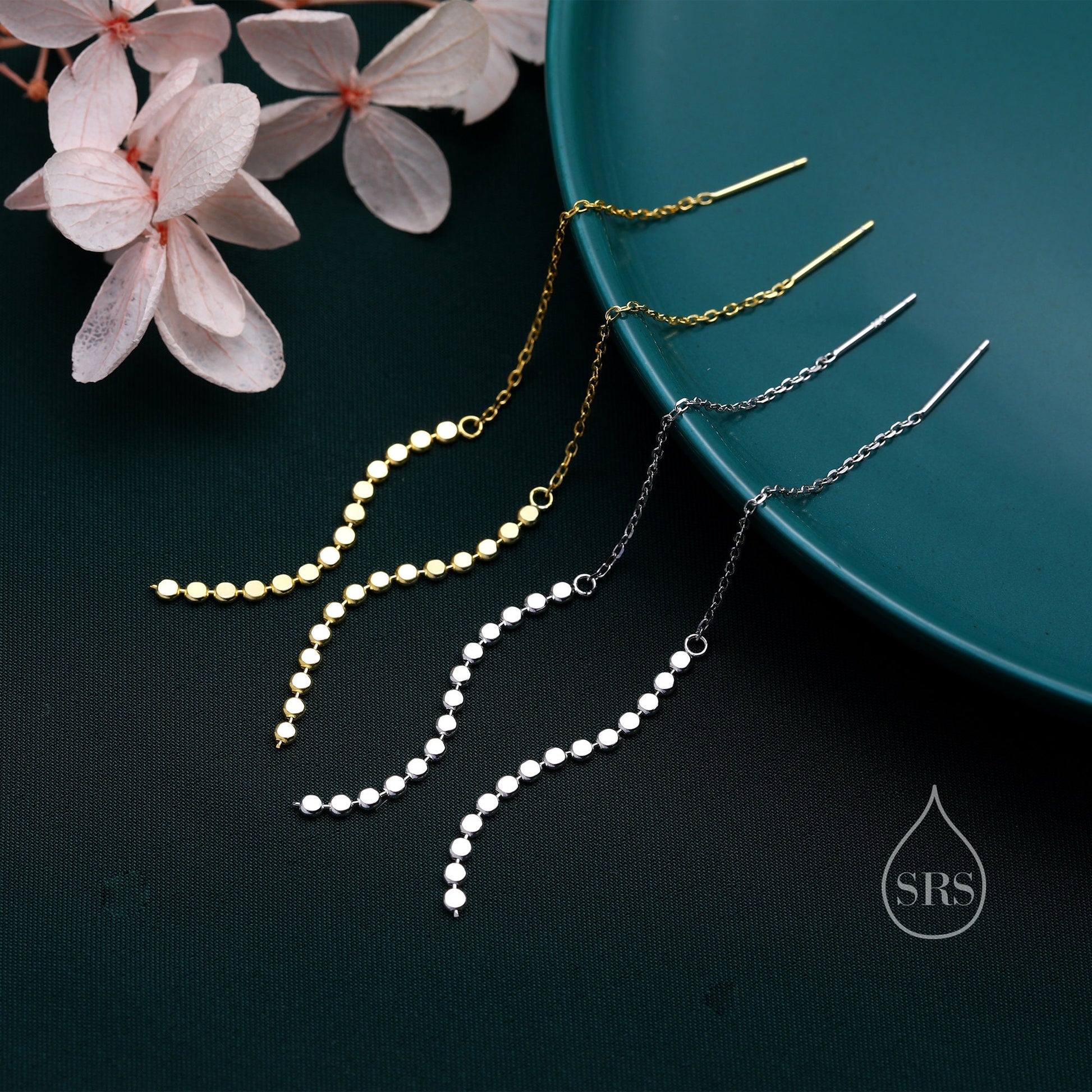 Disk Chain Threader Earrings in Sterling Silver, Silver or Gold, Sparkle Chain Long Ear Threaders, Long Threaders