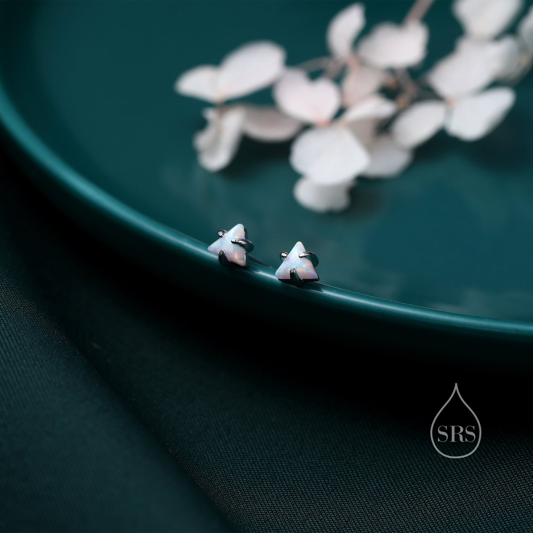 Tiny Opal Triangle Stud Earrings in Sterling Silver, Triangle Opal Earrings with Prong Set