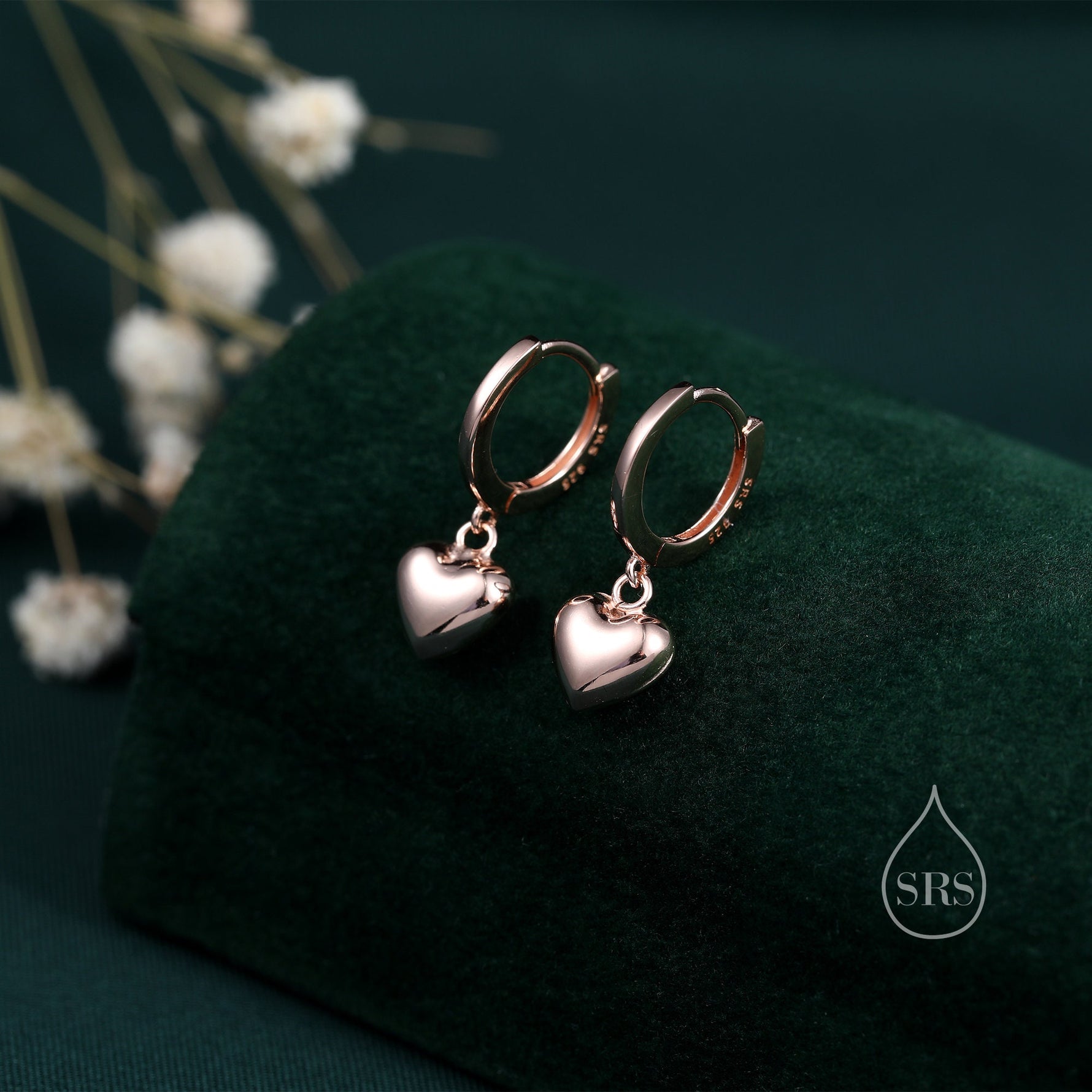 3D Heart Puff Dangle Huggie Hoop in Sterling Silver, Silver or Gold or Rose Gold, Heart Earrings, Heart Huggie Hoops