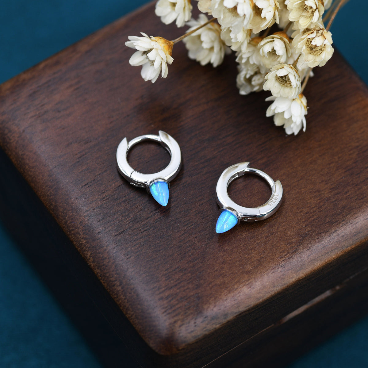 Blue or White Opal Spike Huggie Hoop Earrings