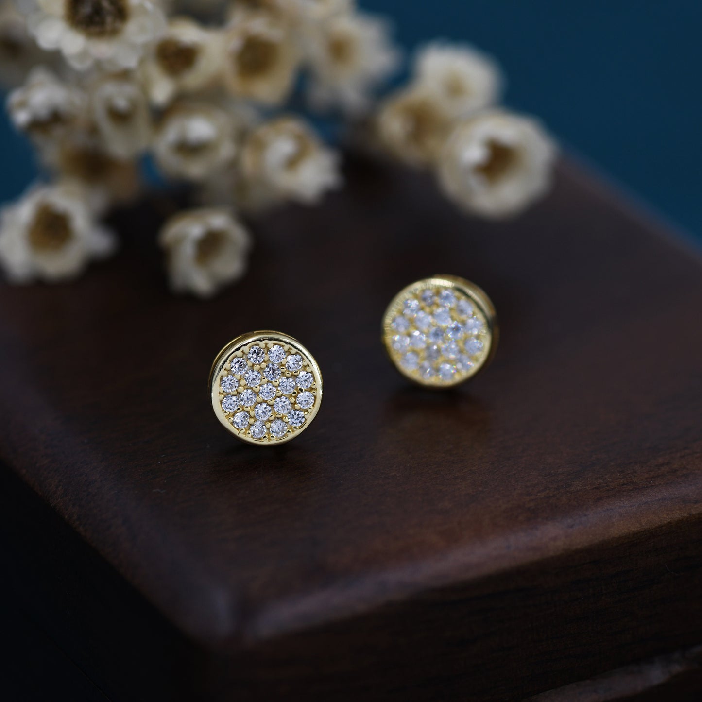 Sterling Silver CZ Crystal Encrusted Disk Stud Earrings, Simple and Elegant.