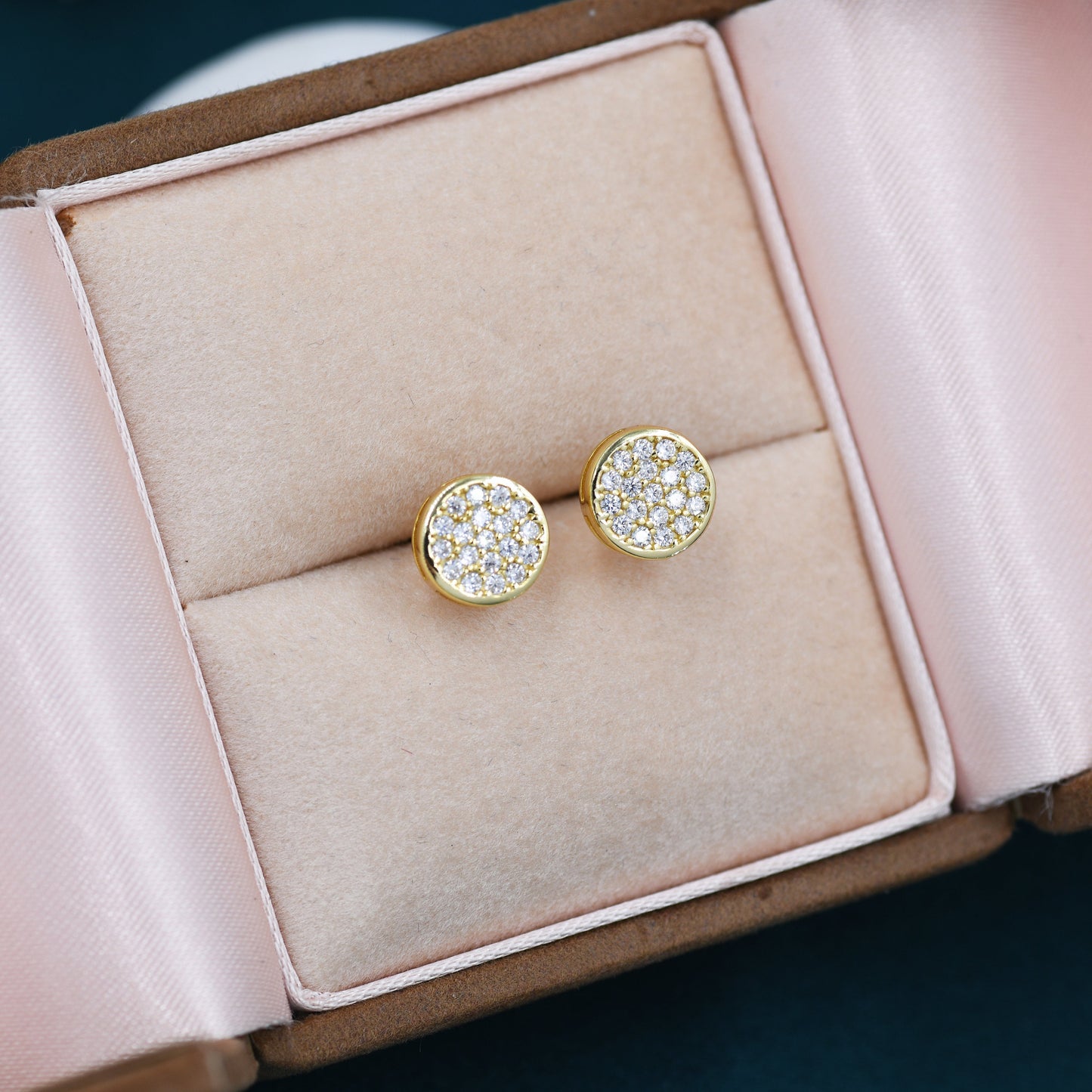 Sterling Silver CZ Crystal Encrusted Disk Stud Earrings, Simple and Elegant.